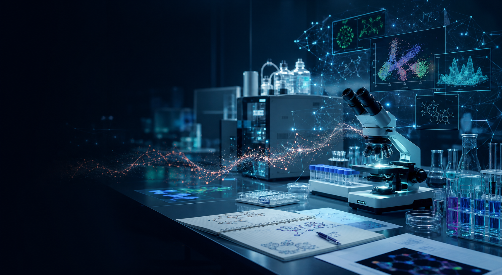 Modern multidisciplinary research laboratory with microscopy, analytical instruments and scientific data visualization